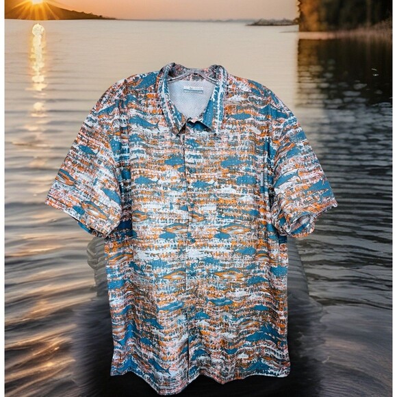 Columbia PFG Mens Fishing Shirt Short Sleeve Button Up Orange Large L Vented - Picture 1 of 9
